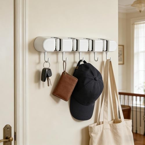 Wall Mounted Mop and Broom Holder, 4 Racks And 5 Hooks Vacuum Suction Cup Mop Holder, Stainless Steel & ABS Organizer for Kitchen, Bathroom, Garage, Laundry Room (White)