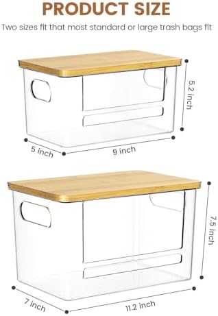 Trash Bag Dispenser 2 Pack, Stackable Trash Bag Holder with Bamboo Lid – Clear Plastic Garbage Bag Organizer for 4-33 Gal Bags, Space-Saving Under Sink Organizer for Kitchen, Laundry, Pantry