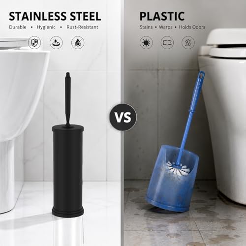 Stainless Steel Toilet Bowl Brush and Holder Set Scrubber Black | Weighted Stable Base Removable Inner Tube Toilet Bowl Brush Splash-Proof Design for Deep Cleaning Space Saving Storage