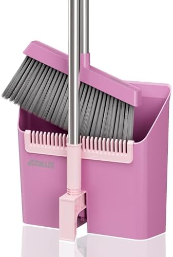 JOYMOOP Pink Broom and Dustpan Set, Upright Angle with Built-in Comb Teeth for Kitchen, Lobby, Pet Hair and Hard Floors