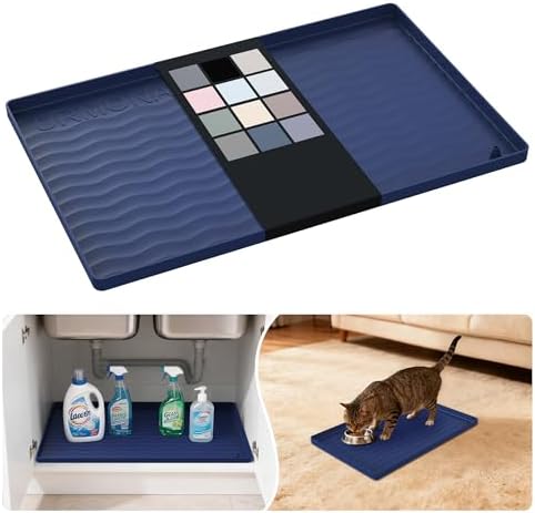 URMONA Waterproof Silicone Under Sink Mat 19'' x 12'' Shelf Liner for Kitchen and Bathroom, Cabinet and Counter Protector, Storage and Organizers, Litter Mat, Pet Cat Puppy Essentials(Navy)