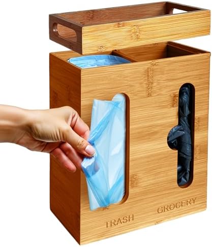 Under Sink Organizer for Kitchen Cabinet - Bamboo Trash Bag Dispenser & Bag Holder – Pantry Organizer & Garbage Roll Holder for Cleaning Supplies, Apartment Essentials & Home Organization