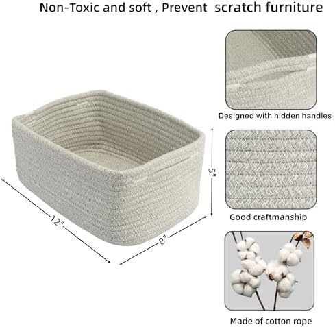 XUANGUO Small Woven Storage Baskets for Shelves, 12" x 8" x 5", Gray | Decorative rope storage bins for closets and toy storage; cute organizer baskets, empty gift baskets and nursery storage.