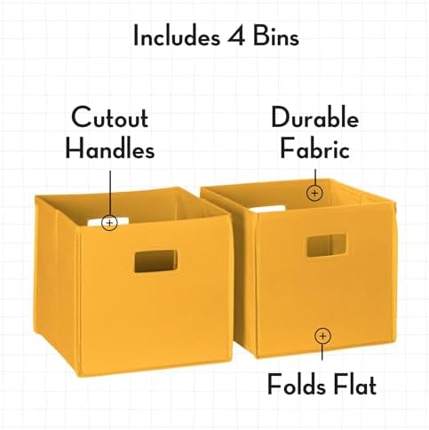 RiverRidge Folding Storage Bins - 4-pack of 10in Tall Golden Yellow Cubes | Fabric Bins, Set of 4 Storage Cubes, Cut-out Handles, Playroom Closet Organizer, Collapsible Cubby with Bottom Board Insert