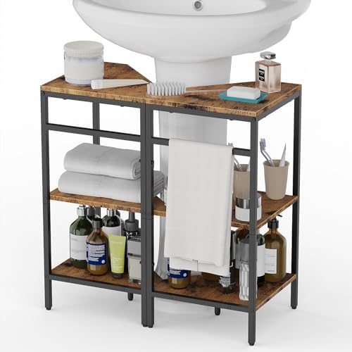 CADUKE Pedestal Sink Storage, 2 Pack Bathroom Under Vanity Storage Shelf | Under Sink Organizer Shelf, Bathroom Organizers Rack Stand, 3 Tier Wooden Corner Shelves, For Small Space, Rustic Brown