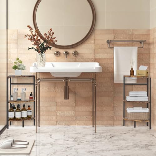 CADUKE Pedestal Sink Storage, 2 Pack Bathroom Under Vanity Storage Shelf | Under Sink Organizer Shelf, Bathroom Organizers Rack Stand, 3 Tier Wooden Corner Shelves, For Small Space, Rustic Brown