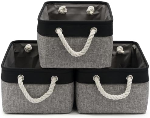13.8x9.8x6.7 Inch Fabric Small Storage Bins with Handles 3 Pack | Foldable Storage Basket, Sturdy Metal Strand, Cardboard Support Molding, Small Baskets for Organizing, Shelves, Black/Gray