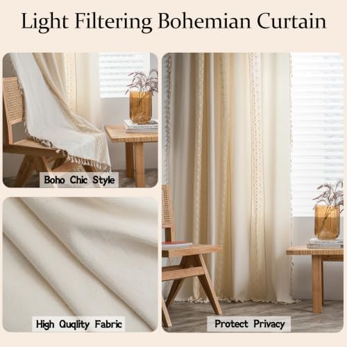 Sutuo Home Beige Boho Window Curtains for Living Room Bedroom 59" W x 84" L | Light Filtering Bohemian Vintage Chic Handmade Tassels Hollow,Window Treatment Rustic Farmhouse Drapes Rod Pocket,1 Panel
