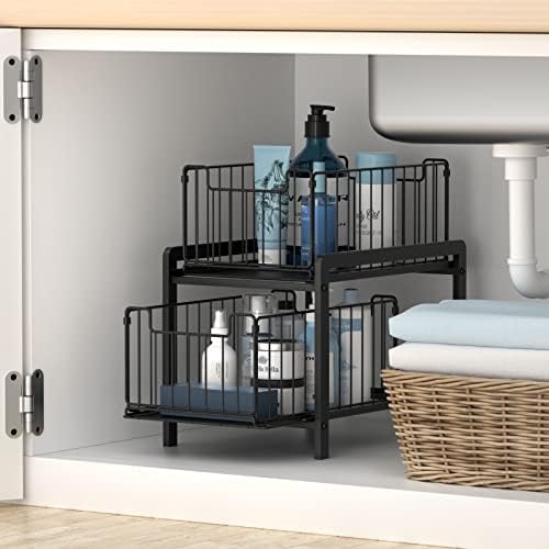 NPPLUS 2 Tier Black Under Sink Organzier With Sliding Drawer | Iron Under Sink Cabinet Organizers Pull Out Home Storage For Bathroom Kitchen Desktop