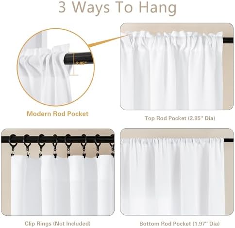 Short Linen Curtains 24 Inches Length for Kitchen Bathroom 2 Panels | Dual Rod Pocket, Privacy Semi Sheer Window Drapes, Light Filtering, White, Small Curtains, for Camper RV Cafe, W25xL24