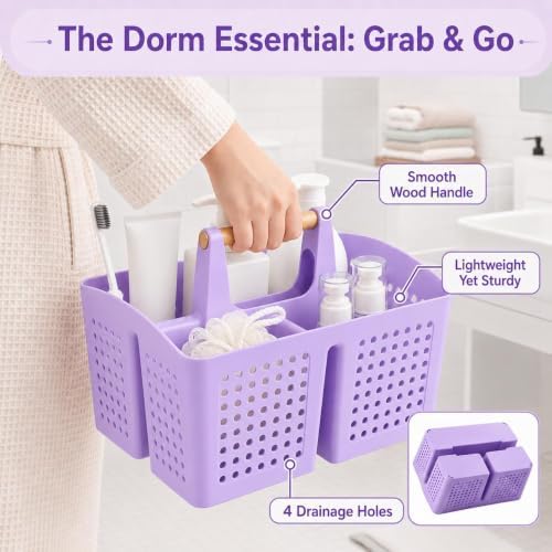 Portable Shower Caddy Basket with 3 Compartments and Handle, Purple | Plastic Divided Beauty Caddy Organizer for Hair Care, Cosmetics, Toiletries, Craft Supplies, Dorms and Vanities