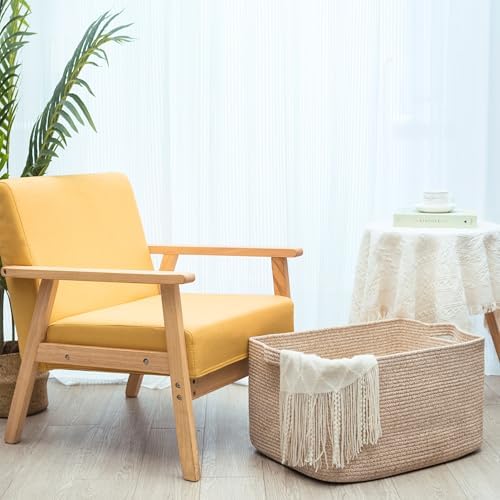 MINTWOOD Design 22in Extra Large Blanket Basket Holder Living Room, Rectangle Rope Woven Storage Basket with Handles for Laundry, Pool Towels, and Shoes, Dog Toy Organizer Bin Box, Oatmeal Brown