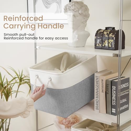 16x12x12 In Foldable Fabric Large Storage Bins with Handle 1 Pack | Storage Basket with Draw String Top, Sturdy Metal Strand, Cardboard Support Molding, for Shelf, Closet, Bedroom, White/Gray