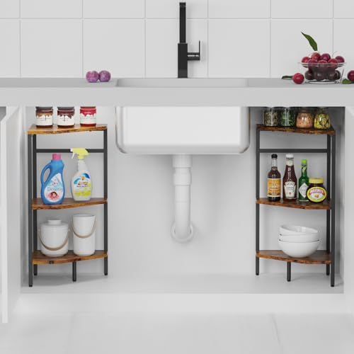 CADUKE Pedestal Sink Storage, 2 Pack Bathroom Under Vanity Storage Shelf | Under Sink Organizer Shelf, Bathroom Organizers Rack Stand, 3 Tier Wooden Corner Shelves, For Small Space, Rustic Brown