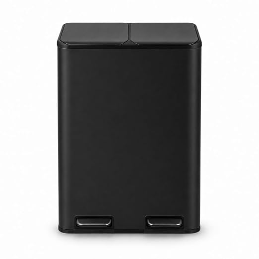 Home Zone Living 16 Gallon Kitchen Trash Can with Dual Compartments for Recycling, Stainless Steel, Matte Black, 60 Liters Total
