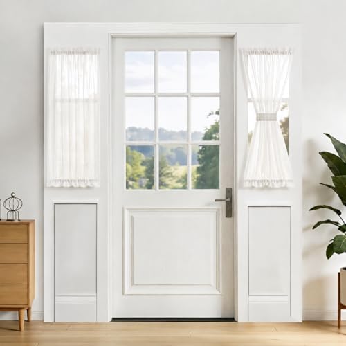 Aquazolax Sheer Door Window Curtains Set of 2, Top and Bottom Rod Pocket Privacy Protect Voile Window Panels for Kitchen French Main Door with Tiebacks - Satin White