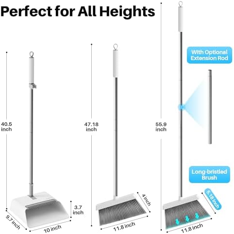 JOYMOOP White Broom and Dustpan Set, Upright Angle Design with Built-in Comb Teeth for Kitchen, Office, Pet Hair, Hard Floors