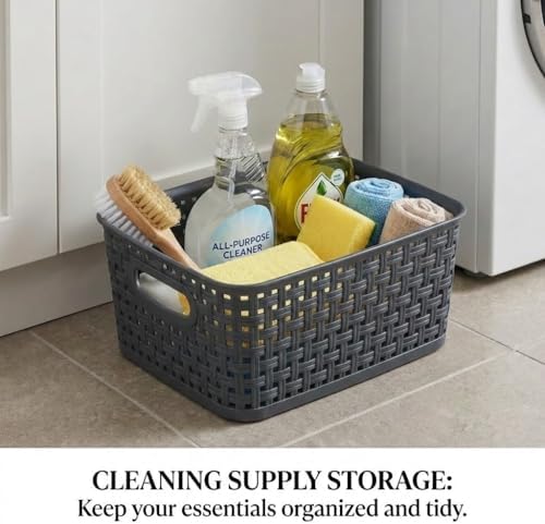 8 Pack Gray Storage Baskets, Plastic Woven Organizer Baskets, Stackable Shelf Baskets for Closet, Pantry, Bathroom & Laundry Room