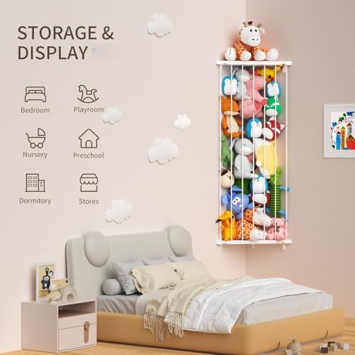 Stuffed Animal Storage Shelf Organizer(Patented) - Corner Stuffed Animal Holder Length Adjustable - Wall Plush Storage for Nursery Playroom Bedroom Kids Room (White, Extra Large)