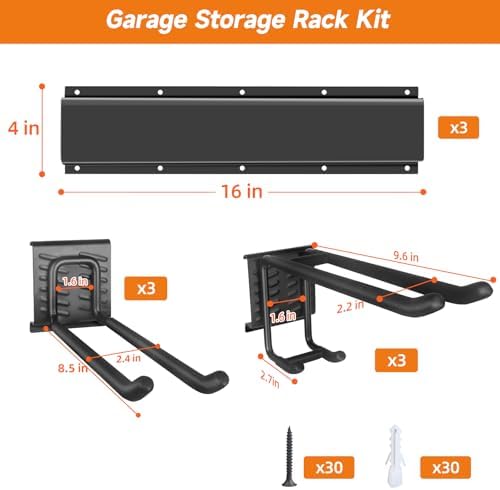 Garage Tool Organizer Wall Mount, Heavy Duty 48 Inch Garage Storage System with Adjustable Hooks, Garden Tool Rack for Shovel Rake Broom Snowboard Shed Organization