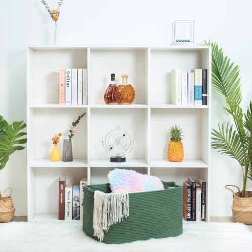 MINTWOOD Design 22in Extra Large Blanket Basket Holder Living Room, Rectangle Rope Woven Storage Basket with Handles for Laundry, Pool Towels, and Shoes, Dog Toy Organizer Bin Box, Forest Green
