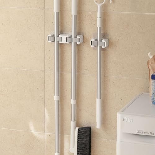 Broom Holder Wall Mount Self Adhesive, No-Drill Mop Grip Organizer for Home | Thick silicone loops stop slipping & scratching on mops, brooms, umbrellas.(Single+double)
