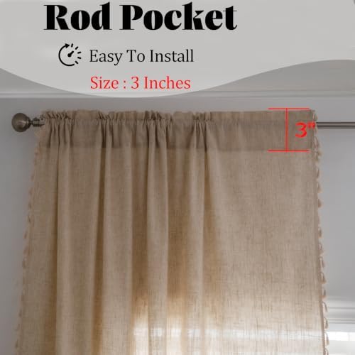 Sutuo Home Boho Linen Curtains for Bedroom Kitchen 59" W x 72" L,1 Panel | Light Filtering Natural Linen Look Textured Burlap Chic Bohemian Handmade Tassels Window Treatment for Living Room Rod Pocket