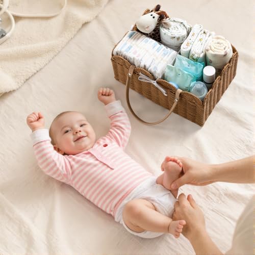 HBlife Baby Diaper Caddy Organizer, Large Portable Scalloped Plastic Wicker Woven Basket with Divider, Nursery Diaper Station, Baby Shower Gifts Basket, Car Organizer, Washable Waterproof