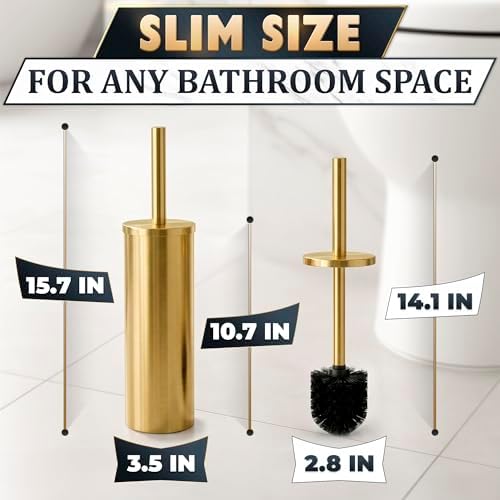Gold Toilet Brush and Holder Set, Freestanding, Splash Protection | Stainless Steel Toilet Brush and Holder Set for Bathroom Cleaning; Dense Bristles; Removable Bowl; Detachable Long Handle