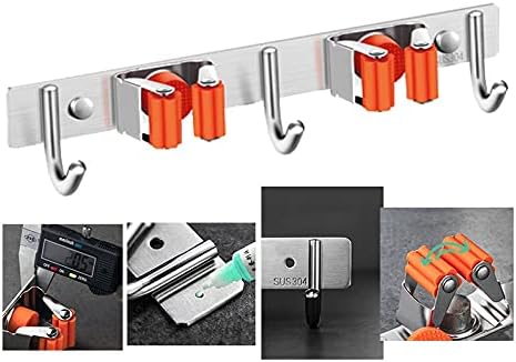 Dual Mop Broom Holder Stainless Steel Wall Mounted Organizer Storage Rack Hanger with 3 Hooks