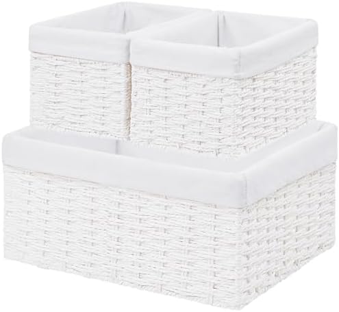 Vagusicc Wicker Basket, Set of 3 Hand-woven Storage Baskets for Organizing, Decorative Rectangle Wicker Storage Basket Bins with Handles, Small Toilet Paper Storage Baskets for Shelves & Decor, White