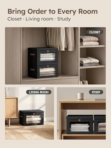 Homsorout Medium Fabric Storage Bins - Closet Shelf Organizer with Open Window, 3 Pack Closet Baskets for Shelves, Stackable Decorative Boxes for Home, Dorm, Black, 13.7" x 9.8” x 9.8"
