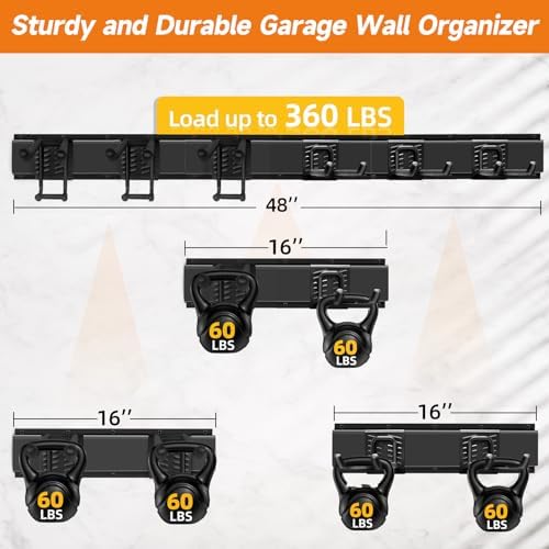 Garage Tool Organizer Wall Mount, Heavy Duty 48 Inch Garage Storage System with Adjustable Hooks, Garden Tool Rack for Shovel Rake Broom Snowboard Shed Organization