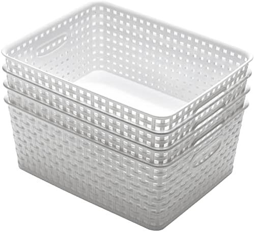 Eslite Plastic Storage Baskets for Organizing,11"X8.5"X4.7",Pack of 4 (White)