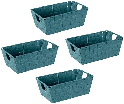 Simplify Small Shelf Woven Strap Tote | Decorative Storage Basket | Built in Handles | Organization | Closet | Bedroom | Bathroom | Nursery | Accessories | Toys | Gifts | 4 Pack | Sapphire