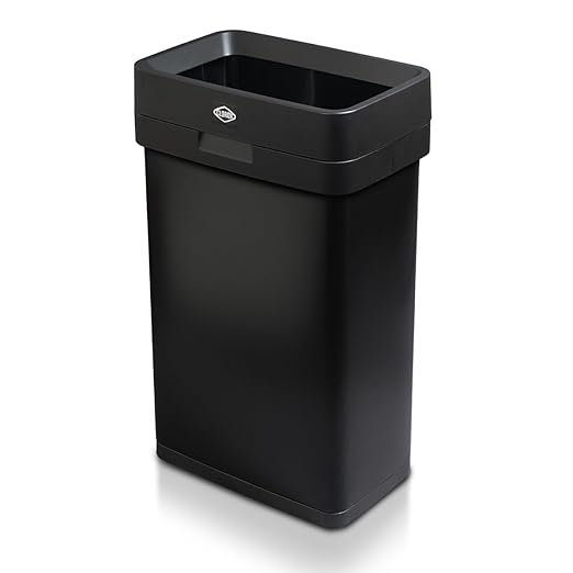 Clorox Slim Open Top Stainless Steel Trash Can, Matte Black, 13 Gal / 50L | Narrrow Rectangular Garbage Bin with Hinged Rim Protection for Commercial Spaces, Kitchen, and Office Use