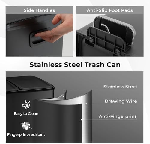 Goplus 16 Gallon/ (2x30L) Stainless Steel Trash Can, Kitchen Trash Bin w/Dual Removable Inner Buckets, Soft Closure & Step-on Pedal, Deodorizer Compartment, Garbage Bin for Recycling, Black
