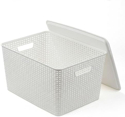 BINO | Plastic Storage Baskets with Lids, 33 Liter - 3 Pack, White | THE WOVEN COLLECTION | Storage Basket for Shelves | Woven Storage Baskets for Organizing Bins Pantry Shelf Organizer Container Bin