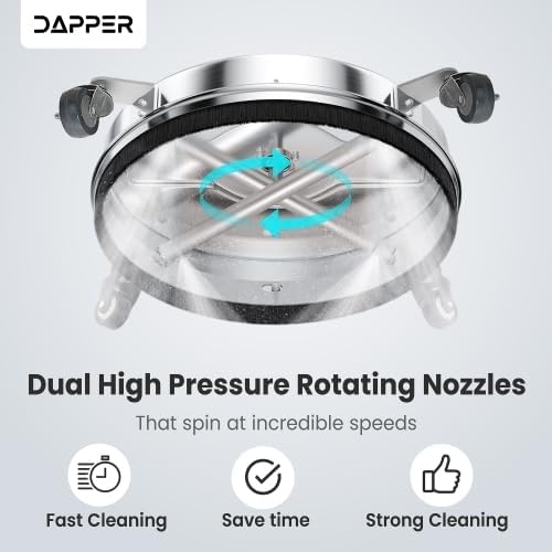 Dapper Supply 15 in. Pressure Washer Surface Cleaner in Stainless Steel w/Wheels, 4000 Max PSI, 3/8" Connector & 2 Extension Wands. Ideal for Driveways, Sidewalks, Patios, Decks