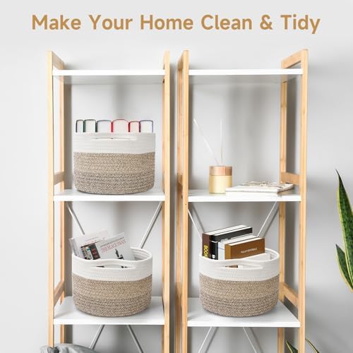 3 Pack Small Rope Storage Baskets, 9.82×9.82×7.1", Mixed Brown | Cotton Basket for Gifts Empty, Cute Round Woven Basket, Decorative Shelf Basket Organizer, Organizing Basket for Shelves