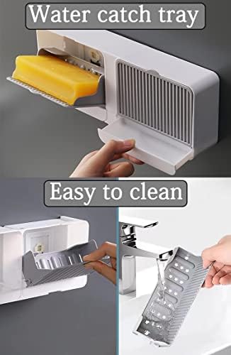 [Dual-Room] Dust-Proof Soap Holder for Shower Wall, Adhesive Wall-Mounted Bar Soap Dish, No-Drill Plastic Soap Saver with Drain, xicveiuz White-Grey