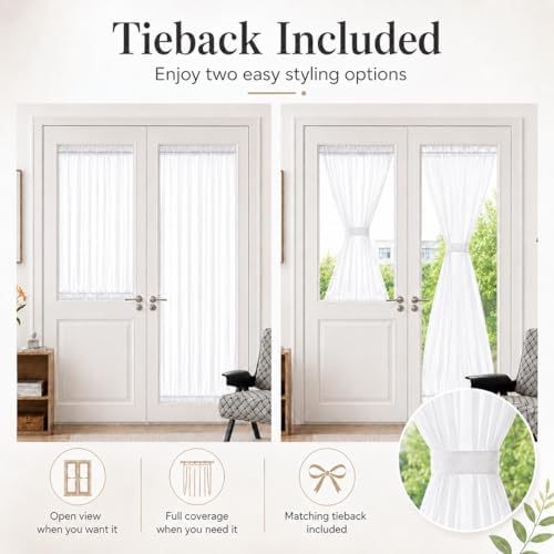 Aquazolax Transparent Sheer Door Window Curtain Elegant Solid Voile Curtain French Door Panel 54x40-Inch with Bonus Tieback - 1 Piece, Pure White
