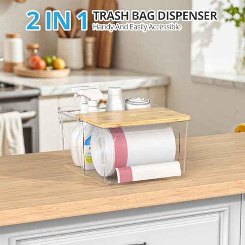 Trash Bag Dispenser Roll Holder - Clear Garbage Bag Holder Dispenser with Bamboo Lid and Sliding Drawer Box, Trash Bag Holder for Kitchen, Under Sink, Laundry Room Organization and Storage
