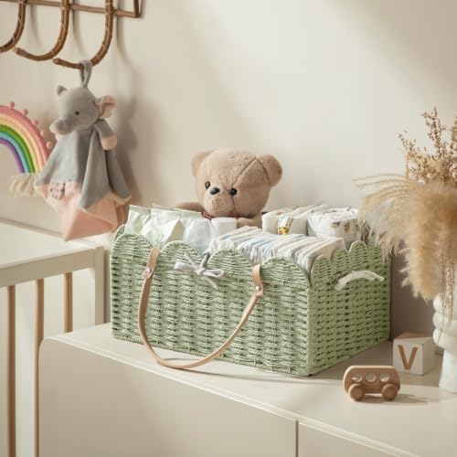 HBlife Large Baby Diaper Caddy, Paper Rope Scalloped Storage Baskets Nursery Bin with Removable Divider, Portable Car Organizer for Diapers, Baby Shower Gifts, Newborn Essentials Must Haves, Green
