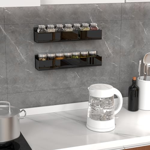 PMMASTO Adhesive Acrylic Spice Rack, Black- 2 Pack | Acrylic Spice Rack Uses Double-Sided Adhesive Tape for Wall, Cabinet Door Pantry Door Storage