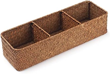 Seagrass Storage Basket 3 Sections Woven Shelf Baskets with Compartment (Natural, 14.6inch x 4.7inch x 3.1inch)