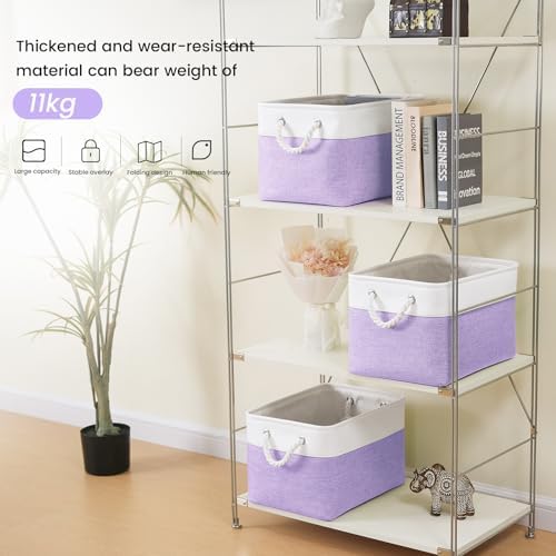 15x11x10 In Foldable Fabric Large Storage Bins with Handle 6 Pack | Organizer Baskets, Sturdy Metal Strand, Cardboard Support Molding, Storage Baskets for Shelves, Closet, Bedroom, White/Purple