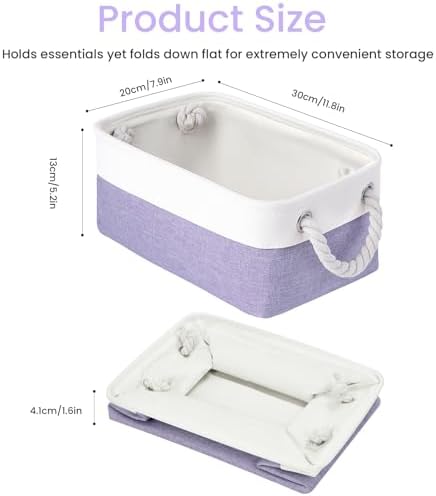 11.8x7.9x5.2 Inch Fabric Small Storage Bins with Handles 6 Pack | Foldable Storage Basket, Sturdy Metal Strand, Cardboard Support Molding, Small Baskets for Organizing, Shelves, White/Purple