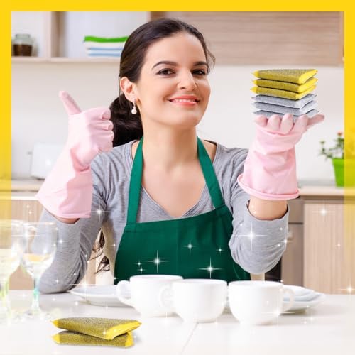 Thyle 24 Pack Steel Wool Scrubber Kitchen Sponges, Heavy Duty Non Scratch Metal Sponges, Reusable Cleaning Scrub Pads for Dishes, Pots, Pans, Sink and Tough Hard Stains (Gray,Yellow)