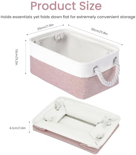 11.8x7.9x5.2 Inch Fabric Small Storage Bins with Handles 1 Pack | Foldable Storage Basket, Sturdy Metal Strand, Cardboard Support Molding, Small Baskets for Organizing, Shelves, White/Pink